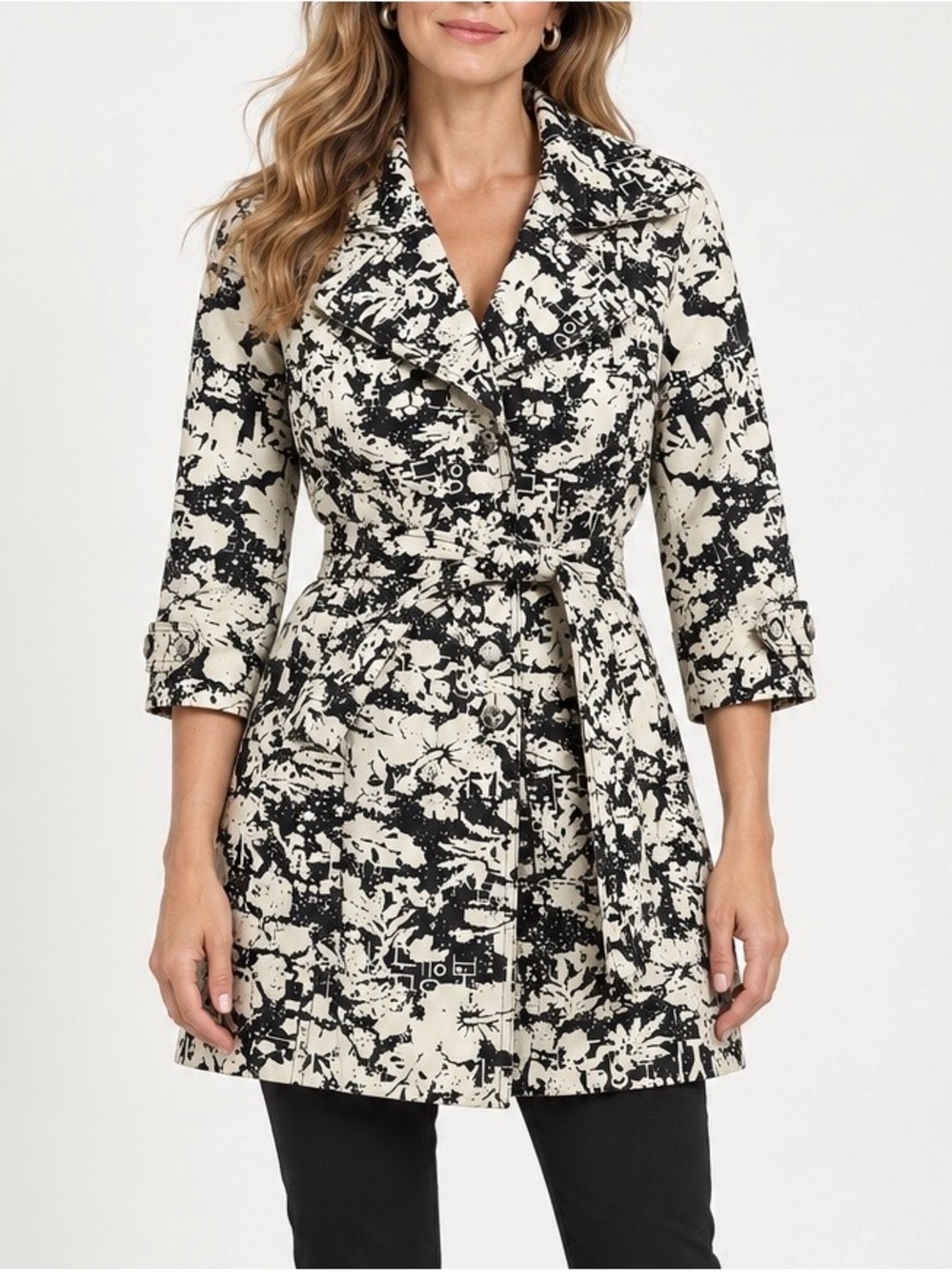 Forever 21 Black Cream Graffiti Print Belted Trench Coat 3/4 Sleeve Small